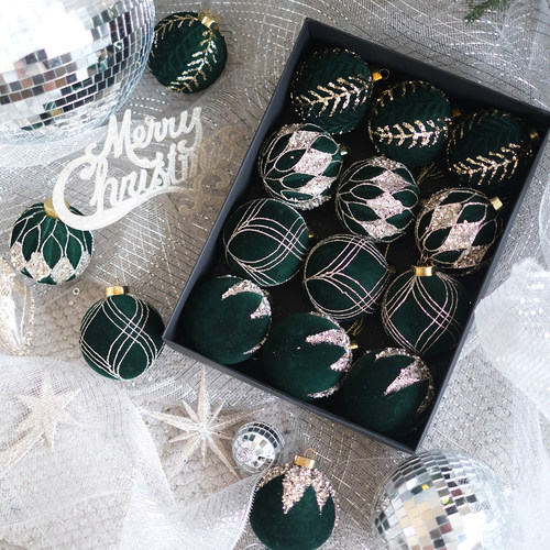 8厘米墨绿系列圣诞球植绒彩绘创意款圣诞挂件圣诞树装饰圣诞DIY