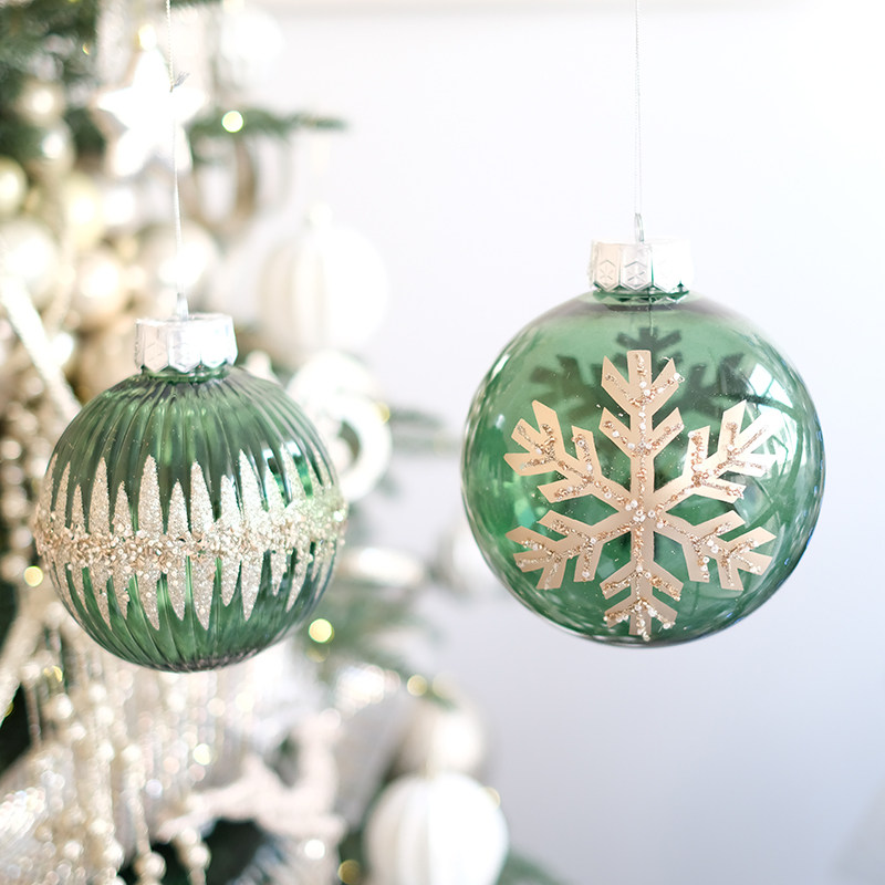 BG绿色香槟色装饰球13CM15厘米创意手绘圣诞球圣诞布置圣诞树装饰