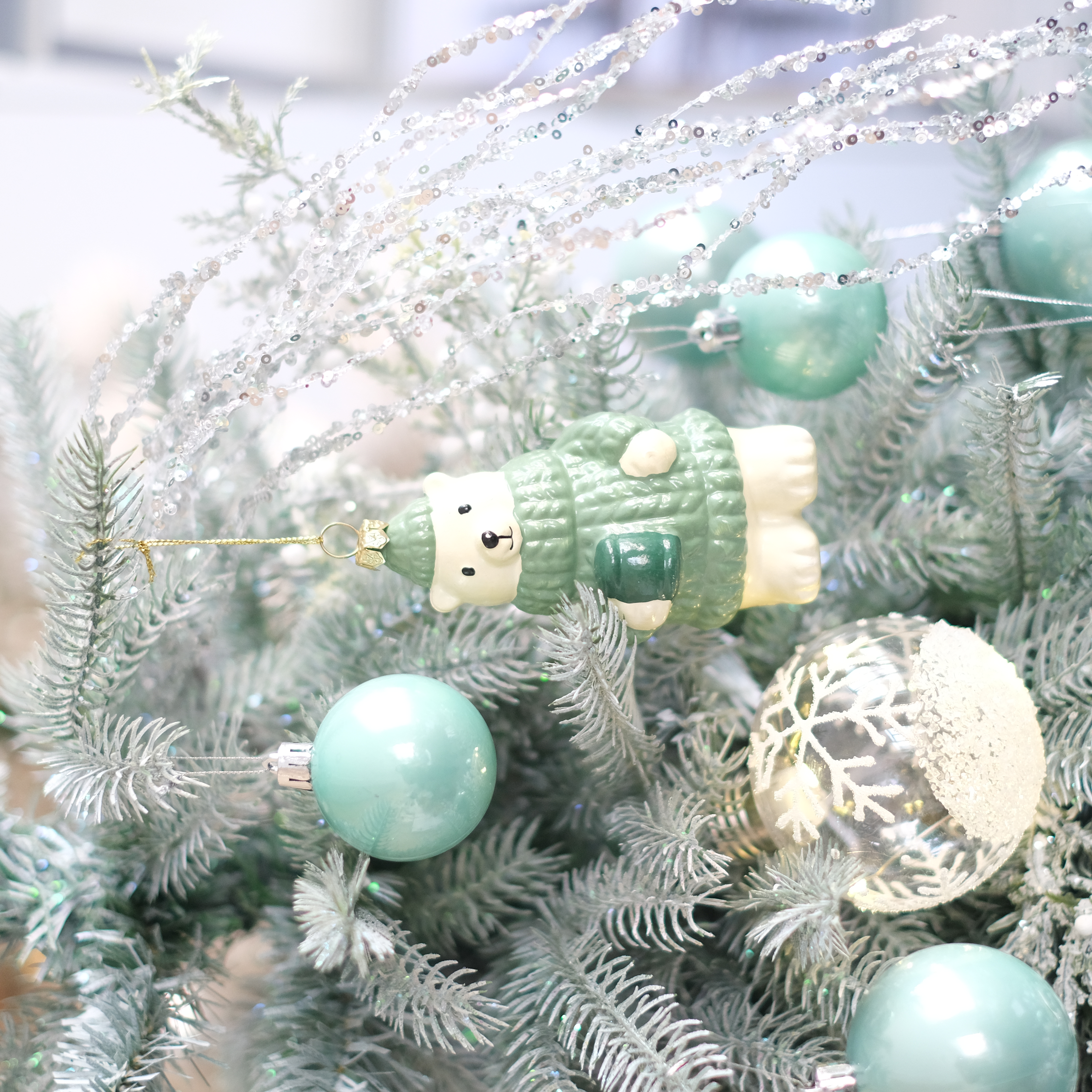 绿色白色卡通熊8CM发光雪花球创意组合挂件圣诞树装饰配饰圣诞DIY