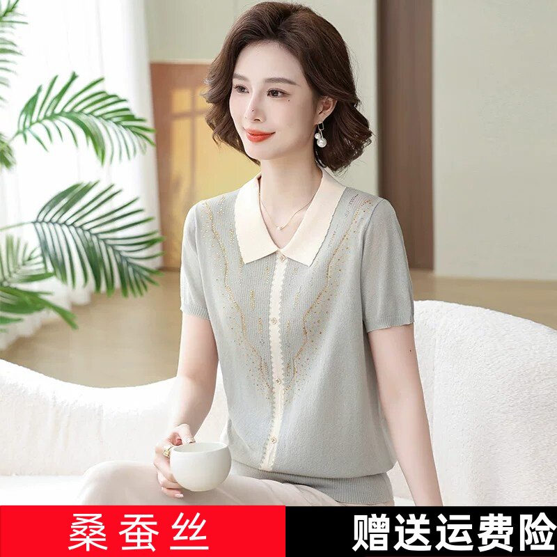 2026新款妈妈夏装短袖T恤桑蚕丝女士夏季中老年薄款针织真丝小衫