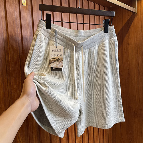 高档羊毛空气层菠萝纹针织短裤男