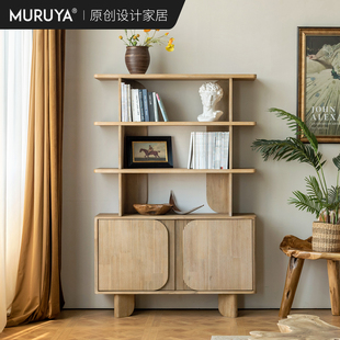 进口实木书柜靠墙客厅家用陈列架侘寂复古餐边柜落地置物博古书架