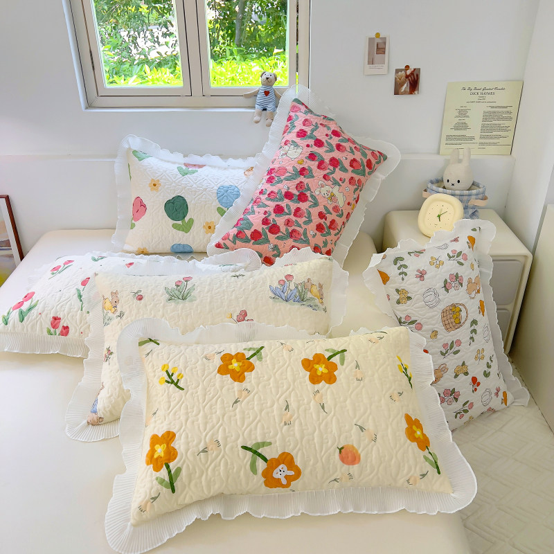 雪纺荷叶边夹棉碎花单品 48*74标准40*60全棉枕头套50*80cm大枕套
