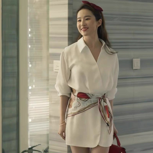 玫瑰的故事刘亦菲黄亦玫同款白色衬衫裙连衣裙丝巾系带短裙子海边