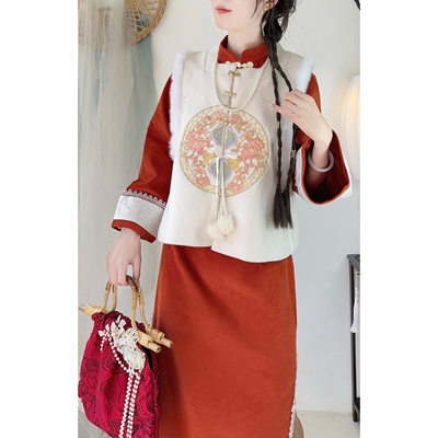 新中式秋冬原创国风马甲连衣裙