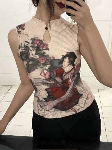 情绪磁场24SS“湘云眠芍”压褶上衣复古无袖背心新中式旗袍仕女图