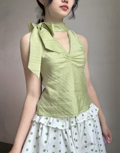 青苹果蝴蝶结清新少女上衣系带