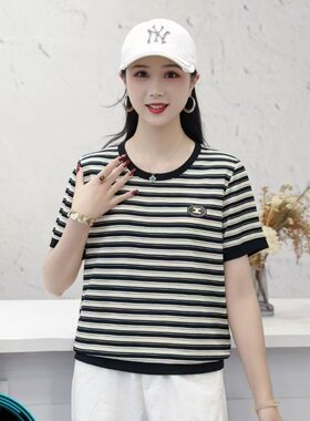 416正品.2026夏季新款条纹短袖T恤女显瘦韩版休闲百搭上衣打底衫