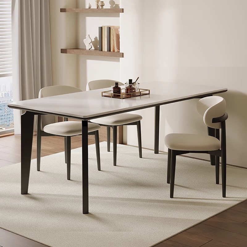 意式实木岩板餐桌家用现代简约白蜡木黑色长方形网红全托吃饭桌子