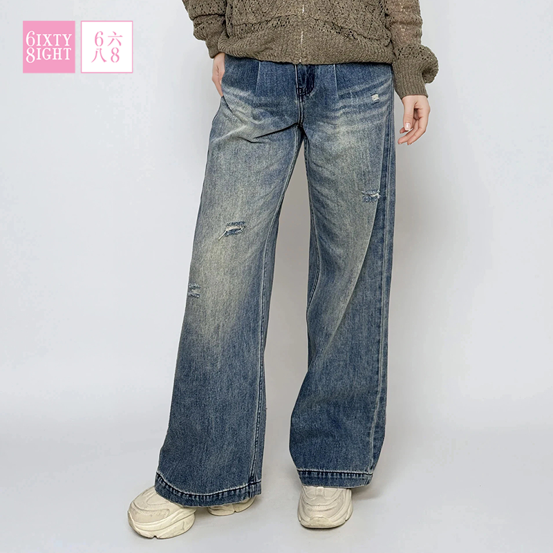 6IXTY8IGHT 68女装时尚百搭破洞宽松高腰阔腿牛仔裤长裤PN11319