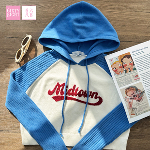 68女装校园风时尚字母刺绣连帽衫撞色长袖短款上衣可调节抽绳