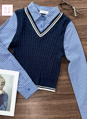 6IXTY8IGHT 68女装假两件长袖上衣拼接针织背心格纹衬衫翻领