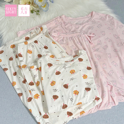 68家居服女柔软透气莫代尔面料短袖长裤睡衣睡裤套装可爱猫咪印花