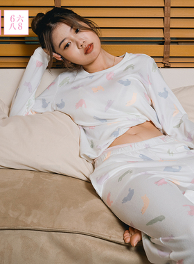 68睡衣女秋冬新可爱动物印花柔软圆领长袖长裤家居服套装宽松休闲