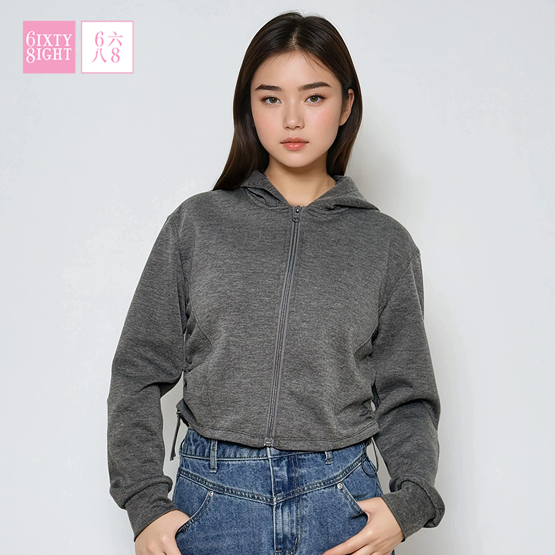 68女装短款拉链连帽卫衣落肩侧边金属调节扣休闲上衣百搭长袖