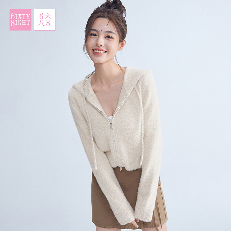 6IXTY8IGHT 68女装休闲简约针织仿貂毛连帽外套拉链上衣ST10979