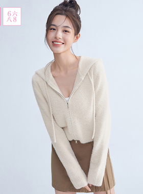 6IXTY8IGHT 68女装休闲简约针织仿貂毛连帽外套拉链上衣ST10979