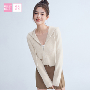 6IXTY8IGHT 68女装休闲简约针织仿貂毛连帽外套拉链上衣ST10979