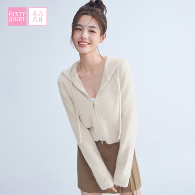 6IXTY8IGHT 68女装休闲简约针织仿貂毛连帽外套拉链上衣ST10979
