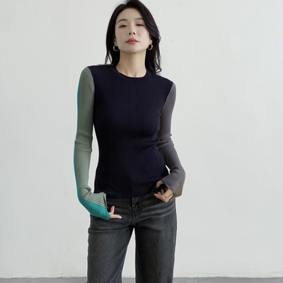 原厂品质25冬修身拼色针织衫女