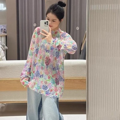 原厂品质 26春新品多巴胺羊毛马海毛混纺水彩花卉针织衫套头甜美