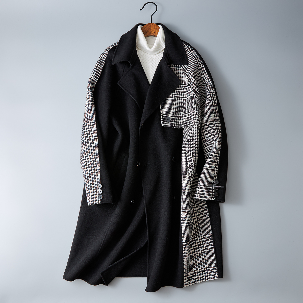 格子拼接休闲毛呢外套简约西装领长款呢子风衣外套6016-863p480，男装西服套装，钱塘大厦6016