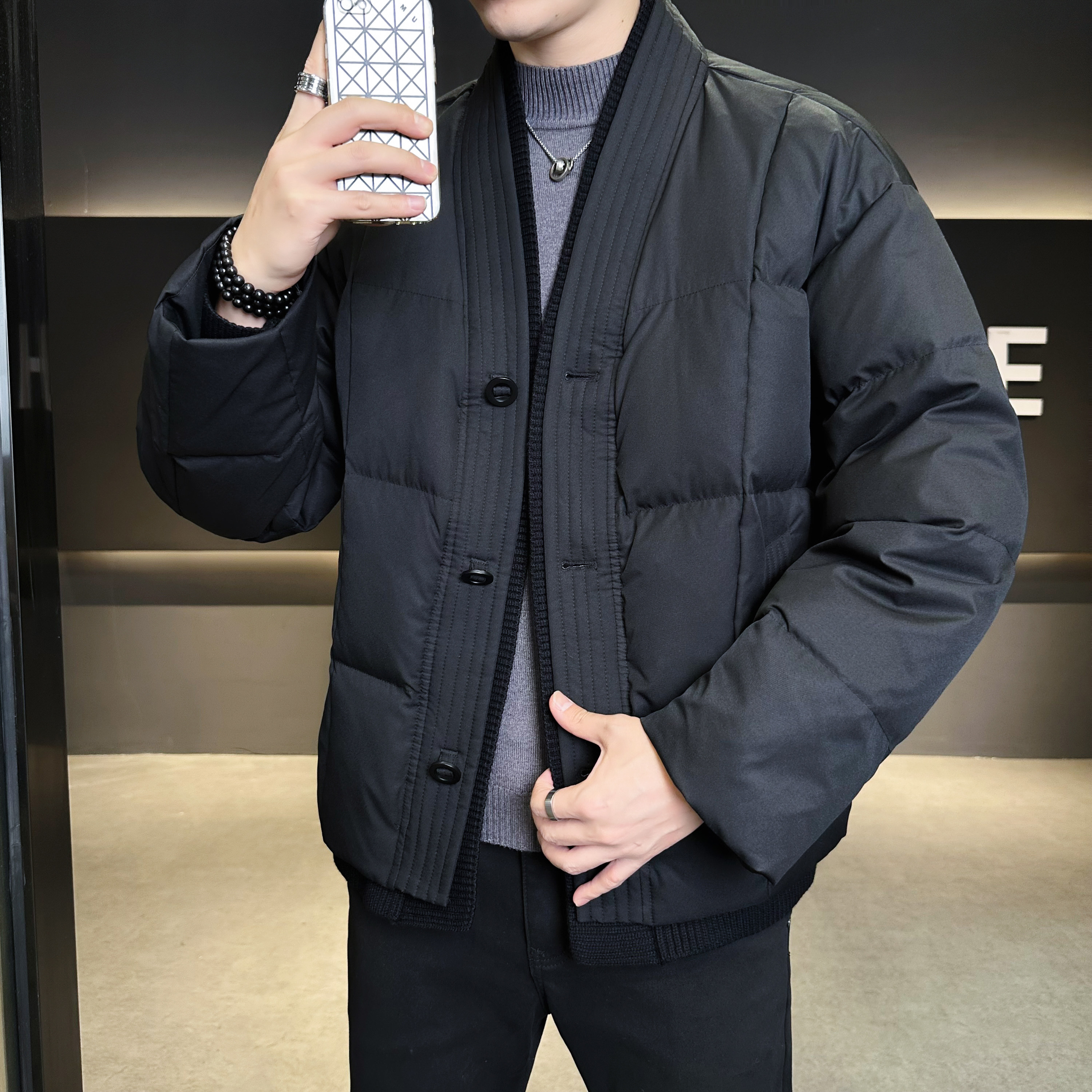 豆腐块格子羽绒服外穿羽绒衣风民族冬装米色6016-25118P400,男装民族服装,钱塘大厦6016