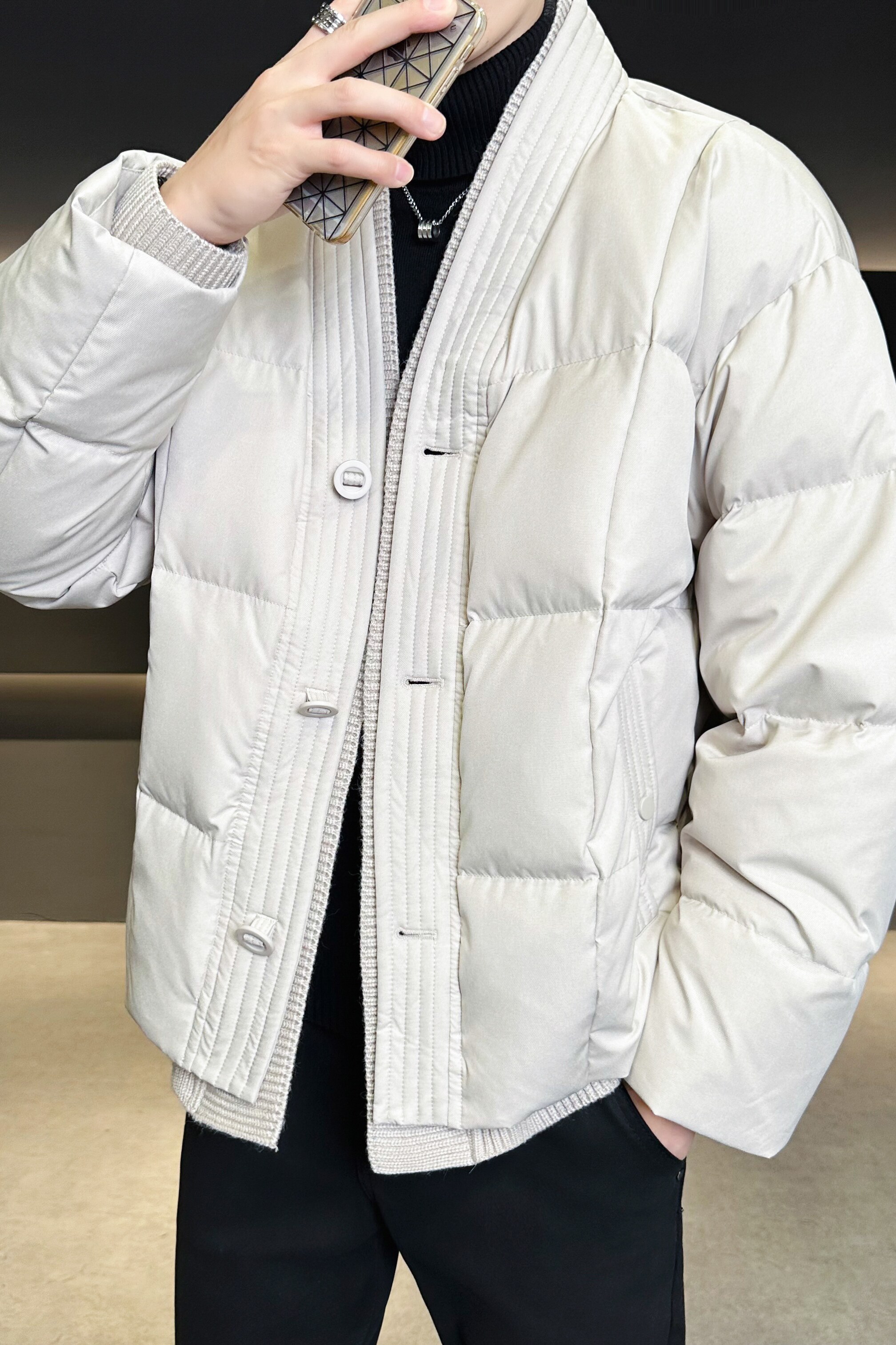 豆腐块格子羽绒服外穿羽绒衣风民族冬装米色6016-25118P400,男装民族服装,钱塘大厦6016