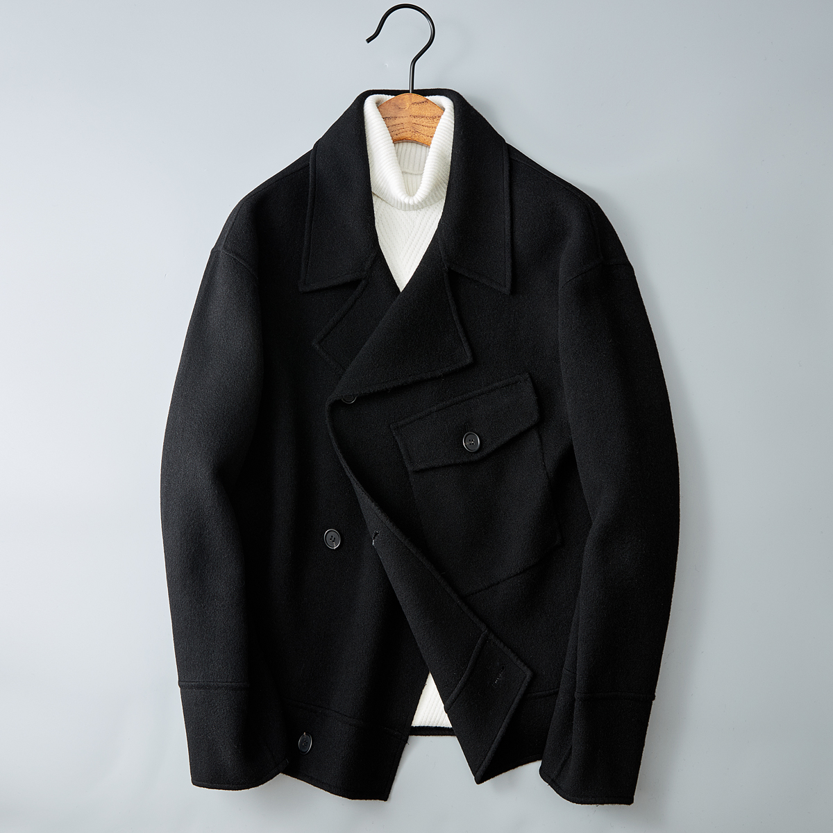 秋冬男士短款休闲毛呢外套呢子夹克黑色钱塘6016-2031p460，男装夹克，钱塘大厦6016