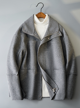 灰色休闲毛呢外套简约大翻领休闲拉链呢子风衣钱塘6016-061p575