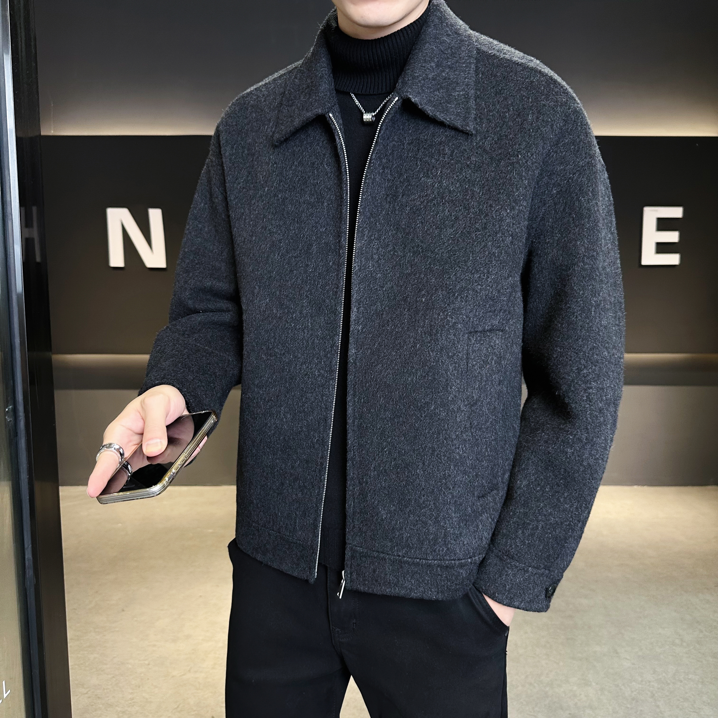模特图羊毛拉链翻领简约双面呢夹克男毛呢灰色钱塘6016-5820p295，男装夹克，钱塘大厦6016