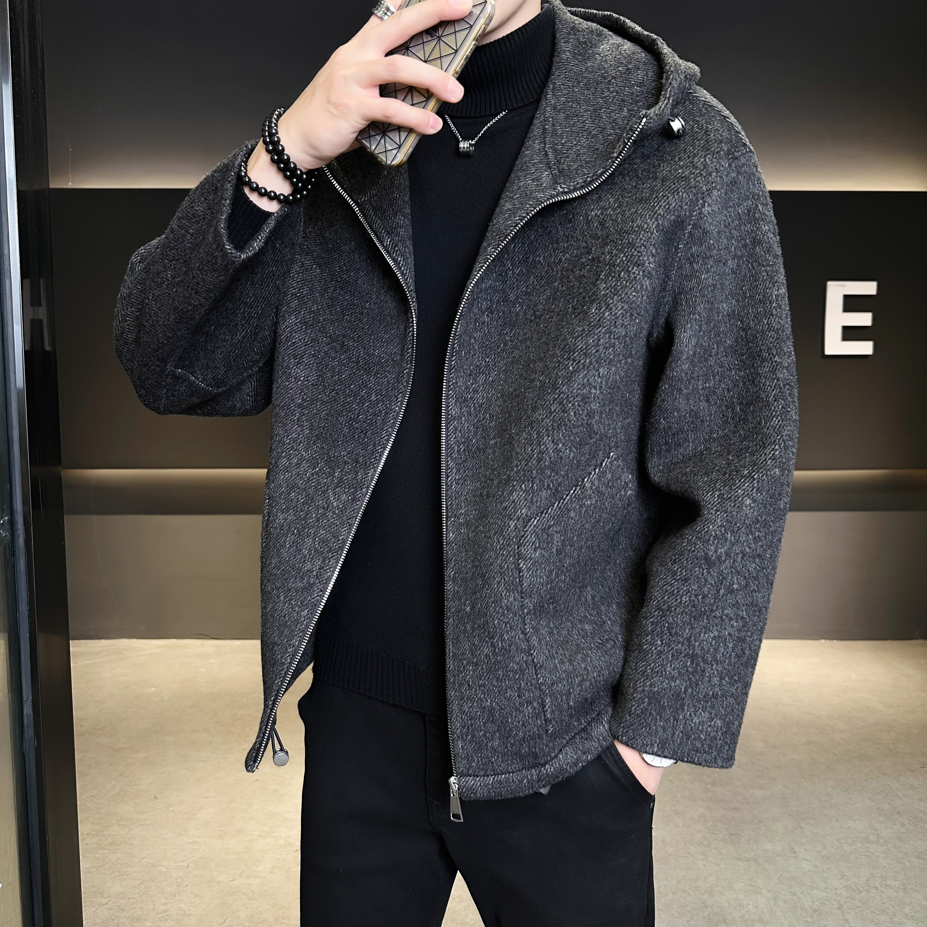 冬季男士休闲毛呢外套羊毛呢子休闲连帽夹克6016-8403p355控588,男装夹克,钱塘大厦6016