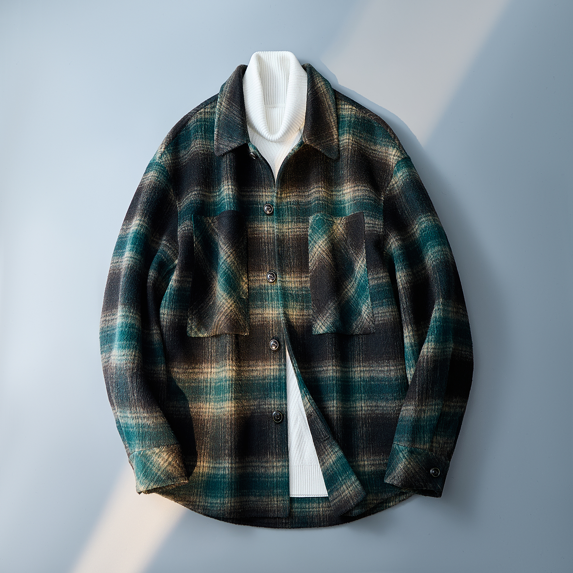 2025新格子墨绿色宽松毛呢衬衫羊毛呢子外套6016-5871P315控688，男装衬衫，钱塘大厦6016