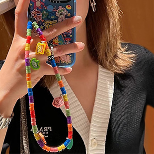 潮牌同款玩具总动员手机挂绳彩色ins风串珠挂饰手机链挂脖链条