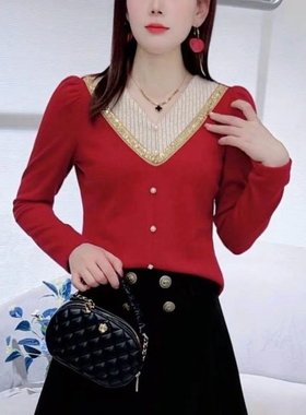 原版法式拼接V领T恤女加绒加厚红色减龄显瘦百搭撞色亮片套头上衣