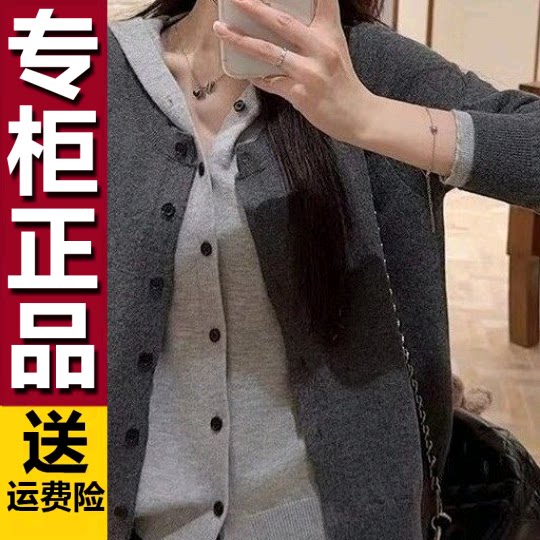 原版连帽假两件针织衫女秋季胖MM显瘦宽松慵懒风长袖毛衣开衫上衣