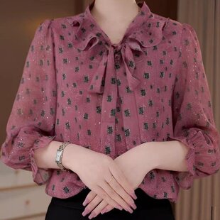 爆款 新款 V领蝴蝶结洋气减龄印花七分袖 薄款 原版 小衫 2026春季