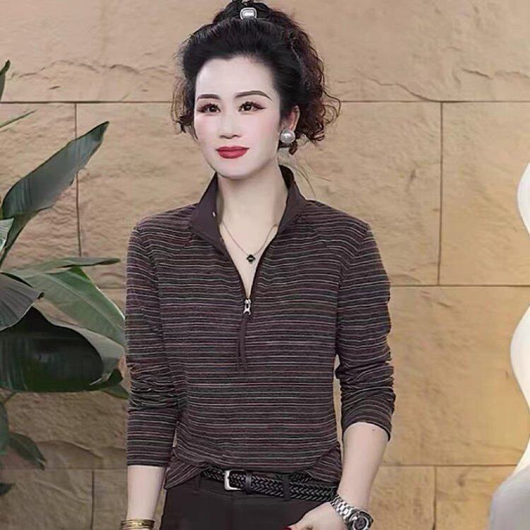 原版时尚条纹立领T恤女2026秋季新款设计感洋气减龄显瘦气质上衣