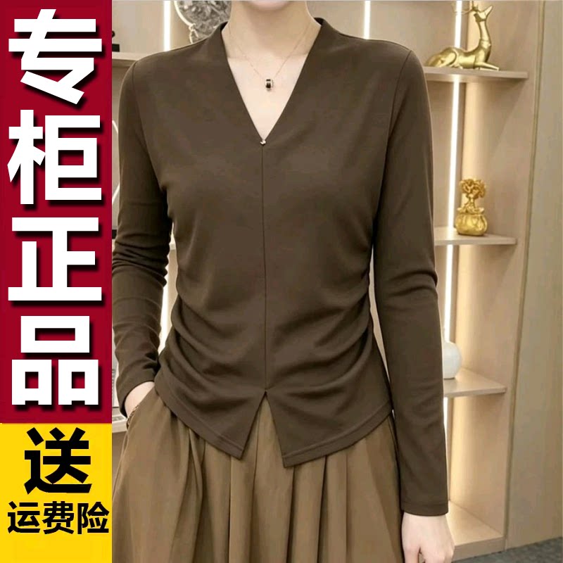 原版爆款2026春秋季长袖T恤女V领打底小衫妈妈装显瘦洋气宽松上衣