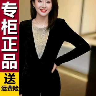 中年妈妈宽松蝴蝶结休闲小衫 上衣春秋款 气质拼接斜肩百搭长袖 原版