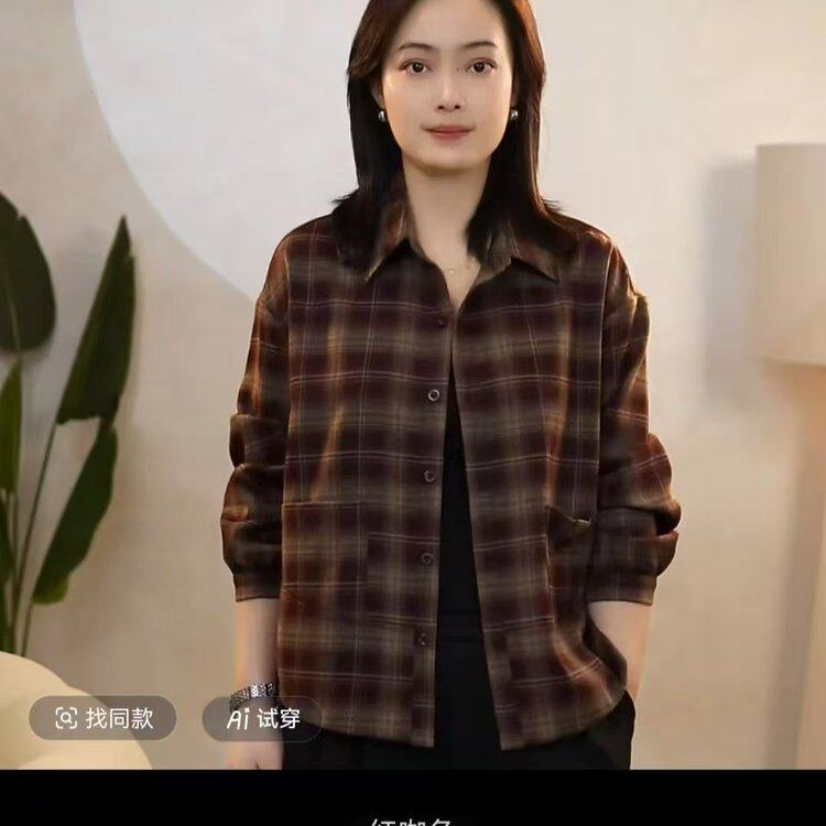 原版中老年爆款复古格子长袖女士衬衫2026春秋季上衣妈妈装外套