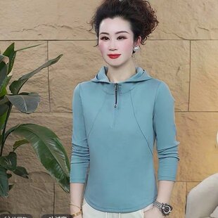 T恤女休闲显瘦百搭打底衫 原版 连帽半拉链长袖 新款 卫衣女 2026春季