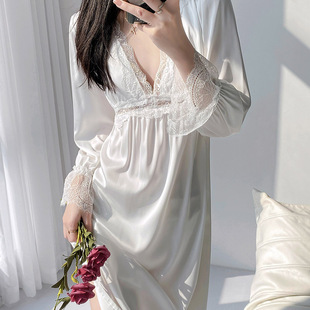 仙女冰丝绸睡裙女春秋款长裙带胸垫性感长袖睡衣过膝长款家居服