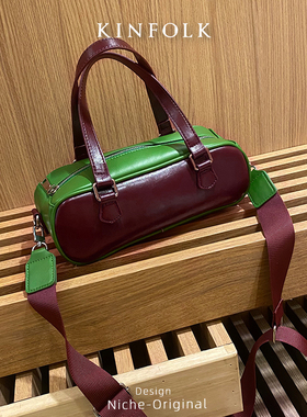 复古爆裂波士顿马鞍包撞色拼色宽肩带小方包单肩斜挎女包包