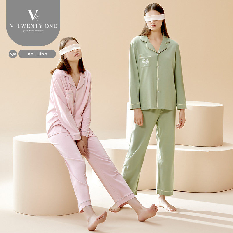 V21睡衣女秋季纯棉长袖可外穿家居服女全棉居家服2021年秋冬套装