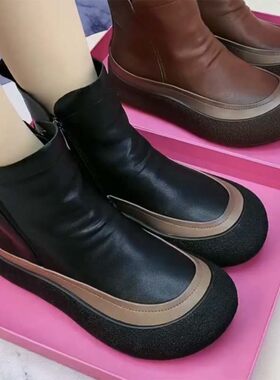 复古头层牛皮松糕厚底圆头马丁靴女2024秋冬新款加绒软底软面短靴