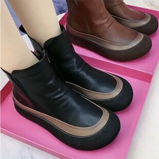 复古头层牛皮松糕厚底圆头马丁靴女2024秋冬新款 加绒软底软面短靴