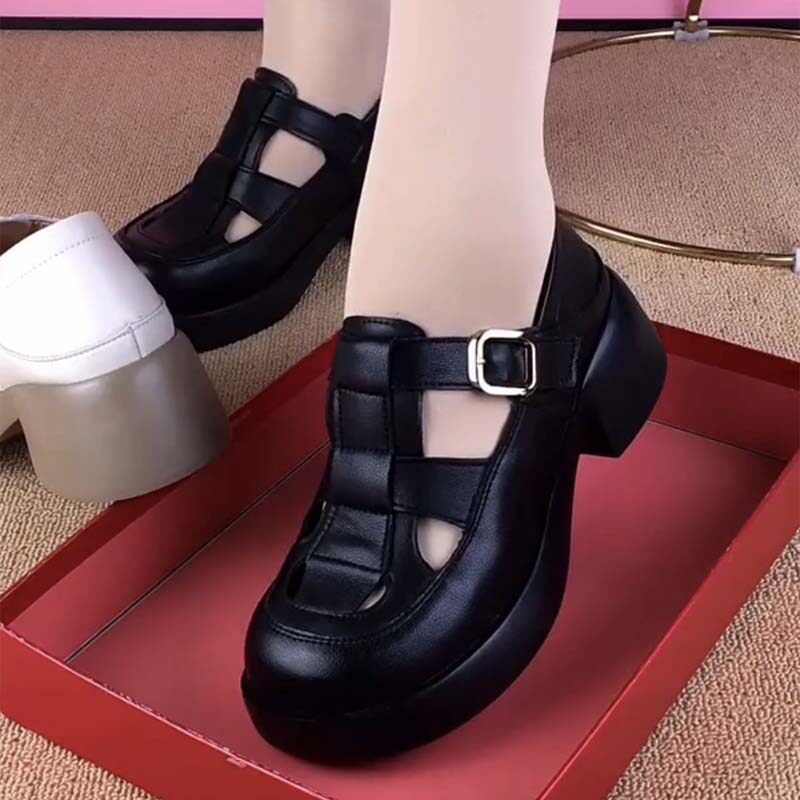 韩版厚底编织包头女凉鞋夏季真皮透气超轻松糕耐磨粘扣百搭猪笼鞋