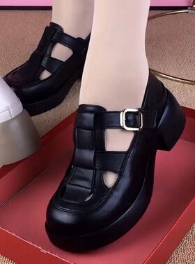 韩版厚底编织包头女凉鞋夏季真皮透气超轻松糕耐磨粘扣百搭猪笼鞋