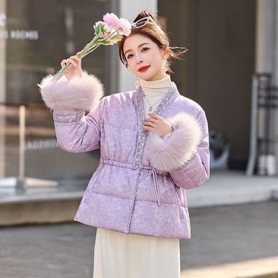 新中式国风V领羽绒服女2025冬新款收腰短款时尚白鸭绒外套RX9507
